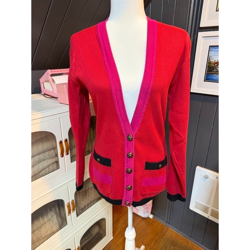 Vintage Ann Taylor Studio Colorblock Button-Up Cardigan – Red | 100% Cotton 🌸
